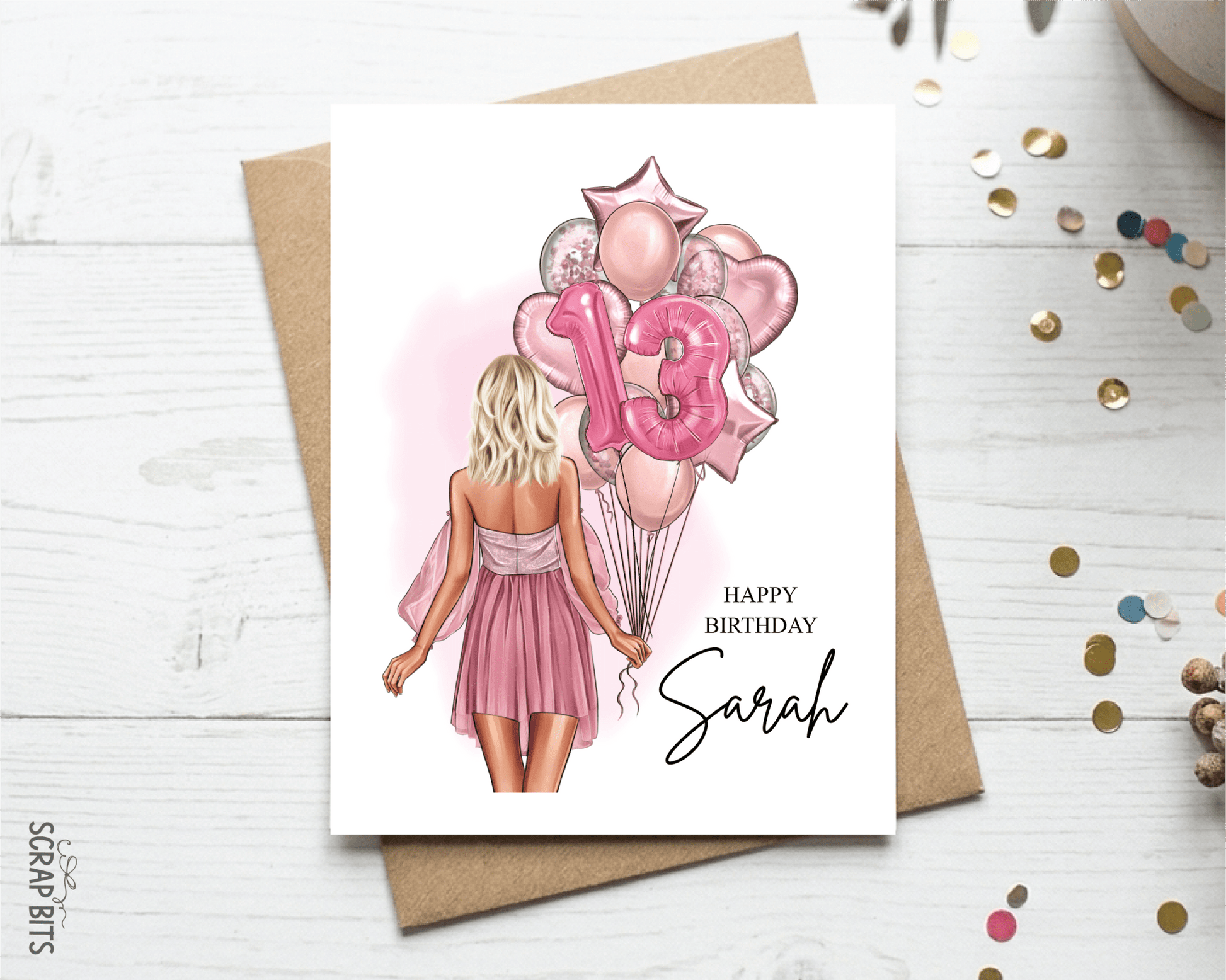 16th Birthday Card for Her, ANY Age Balloon Bunch, Custom Girl Birthday Portrait Card - Scrap Bits