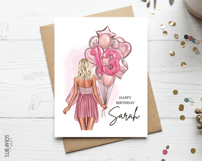16th Birthday Card for Her, ANY Age Balloon Bunch, Custom Girl Birthday Portrait Card - Scrap Bits