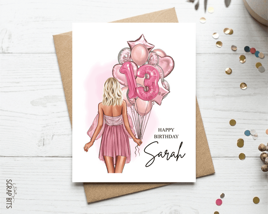 16th Birthday Card for Her, ANY Age Balloon Bunch, Custom Girl Birthday Portrait Card - Scrap Bits