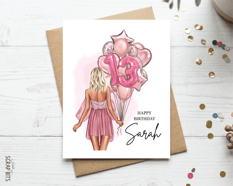 16th Birthday Card for Her, ANY Age Balloon Bunch, Custom Girl Birthday Portrait Card - Scrap Bits
