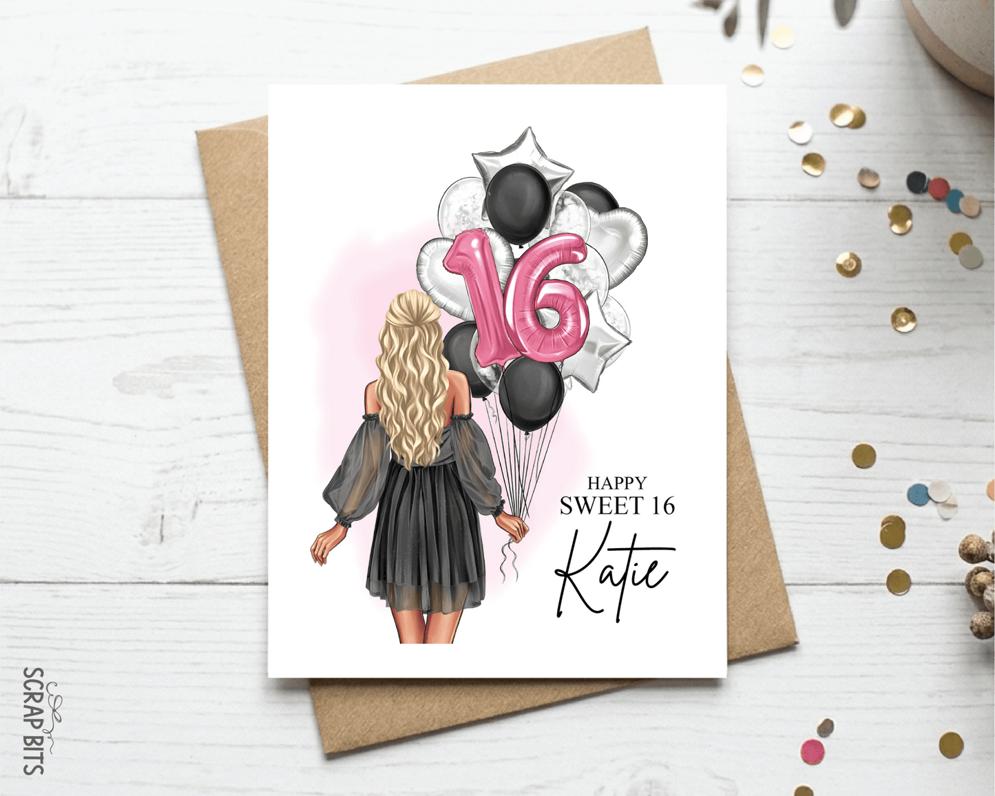 16th Birthday Card for Her, ANY Age Balloon Bunch, Custom Girl Birthday Portrait Card - Scrap Bits