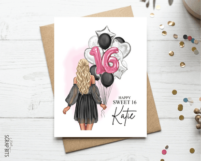 16th Birthday Card for Her, ANY Age Balloon Bunch, Custom Girl Birthday Portrait Card - Scrap Bits