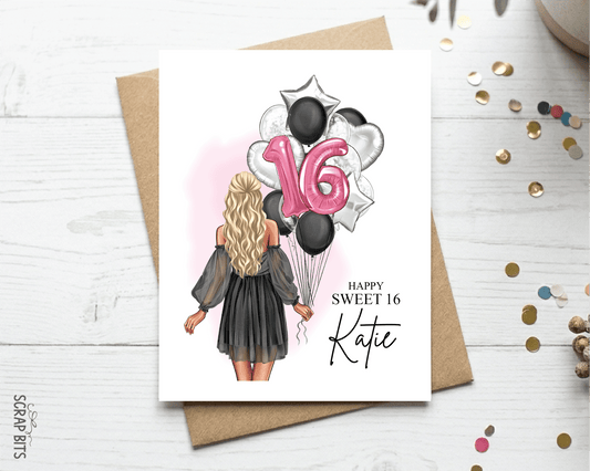 16th Birthday Card for Her, ANY Age Balloon Bunch, Custom Girl Birthday Portrait Card - Scrap Bits