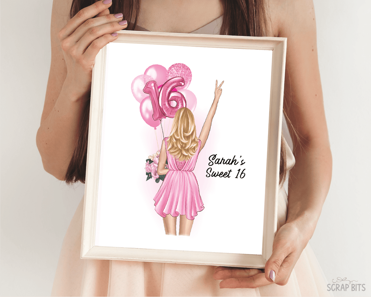 16th Birthday Portrait Print, Sweet 16 Custom Digital Drawing - Scrap Bits