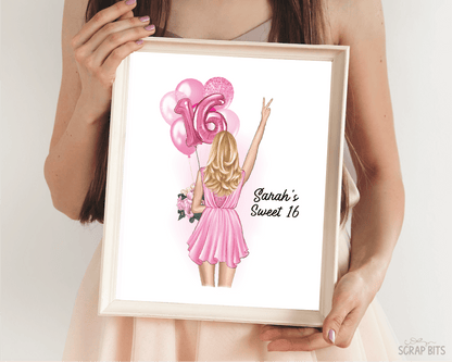 16th Birthday Portrait Print, Sweet 16 Custom Digital Drawing - Scrap Bits
