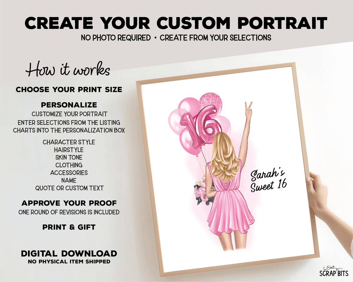 16th Birthday Portrait Print, Sweet 16 Custom Digital Drawing - Scrap Bits