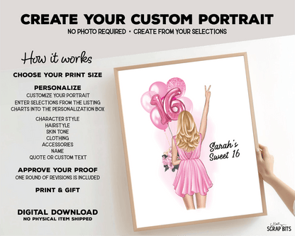 16th Birthday Portrait Print, Sweet 16 Custom Digital Drawing - Scrap Bits