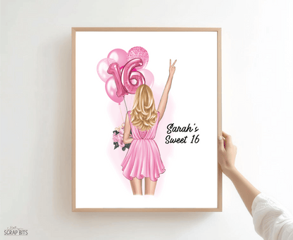 16th Birthday Portrait Print, Sweet 16 Custom Digital Drawing - Scrap Bits