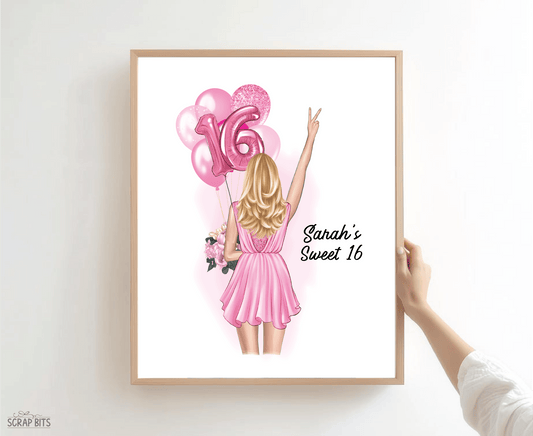 16th Birthday Portrait Print, Sweet 16 Custom Digital Drawing - Scrap Bits