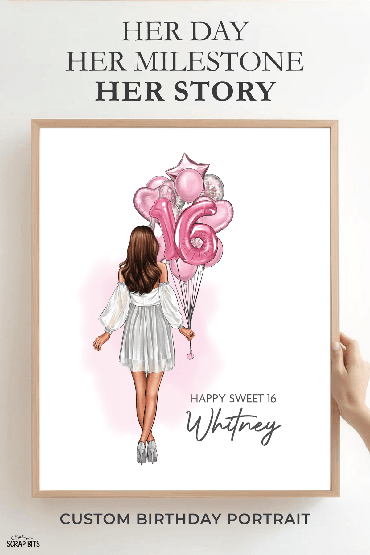 16th Birthday Portrait Print, Sweet 16 Custom Digital Drawing - Balloon Bunch - Scrap Bits