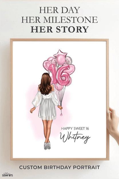 16th Birthday Portrait Print, Sweet 16 Custom Digital Drawing - Balloon Bunch - Scrap Bits