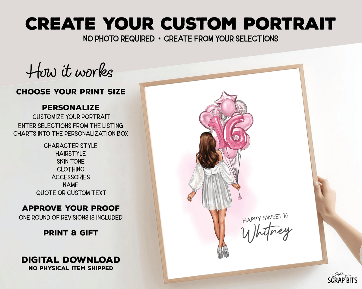 16th Birthday Portrait Print, Sweet 16 Custom Digital Drawing - Balloon Bunch - Scrap Bits