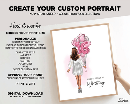 16th Birthday Portrait Print, Sweet 16 Custom Digital Drawing - Balloon Bunch - Scrap Bits