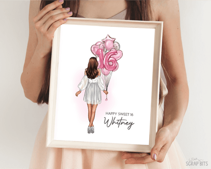 16th Birthday Portrait Print, Sweet 16 Custom Digital Drawing - Balloon Bunch - Scrap Bits