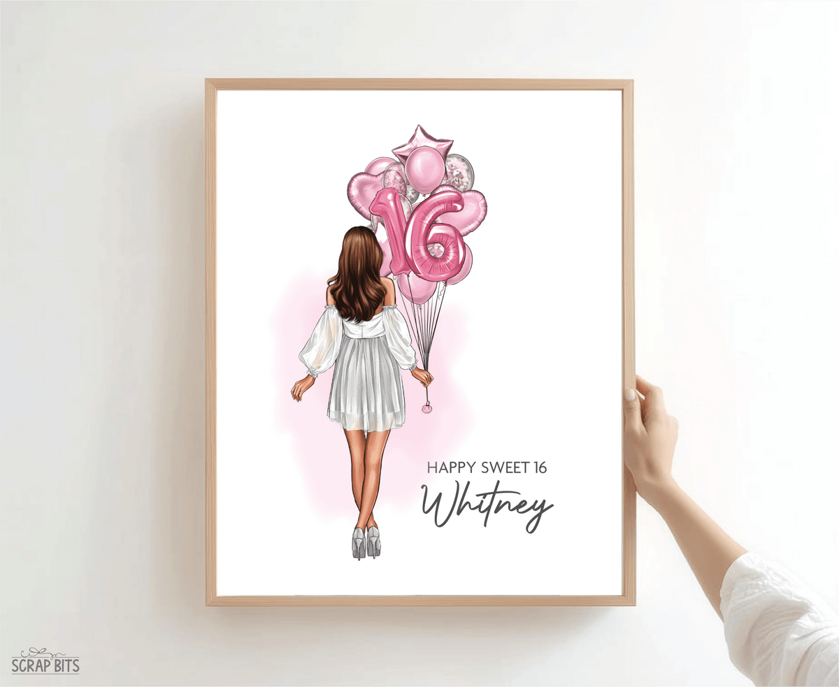 16th Birthday Portrait Print, Sweet 16 Custom Digital Drawing - Balloon Bunch - Scrap Bits