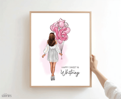 16th Birthday Portrait Print, Sweet 16 Custom Digital Drawing - Balloon Bunch - Scrap Bits