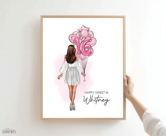 16th Birthday Portrait Print, Sweet 16 Custom Digital Drawing - Balloon Bunch - Scrap Bits