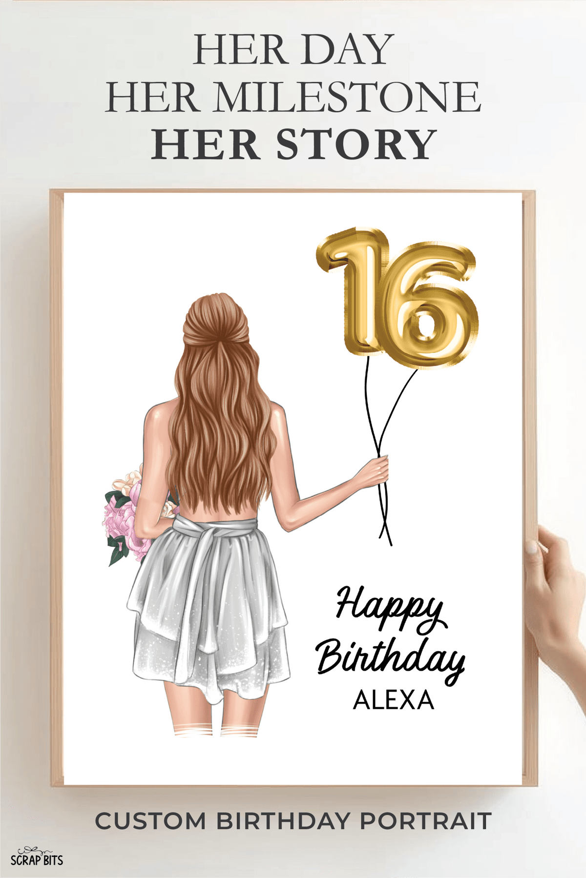 16th Birthday Portrait Print, Sweet 16 Custom Digital Drawing - Foil Balloons - Scrap Bits