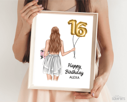 16th Birthday Portrait Print, Sweet 16 Custom Digital Drawing - Foil Balloons - Scrap Bits
