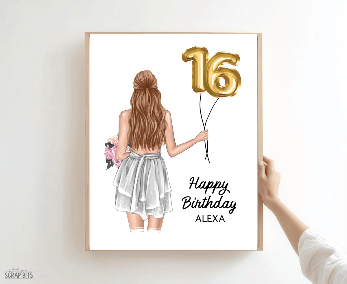 16th Birthday Portrait Print, Sweet 16 Custom Digital Drawing - Foil Balloons - Scrap Bits