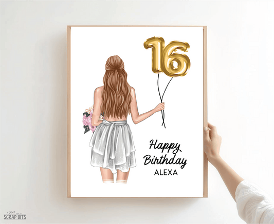 16th Birthday Portrait Print, Sweet 16 Custom Digital Drawing - Foil Balloons - Scrap Bits