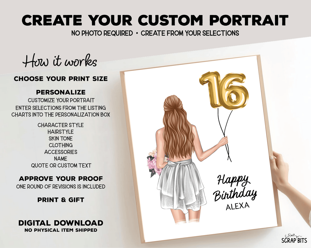16th Birthday Portrait Print, Sweet 16 Custom Digital Drawing - Foil Balloons - Scrap Bits