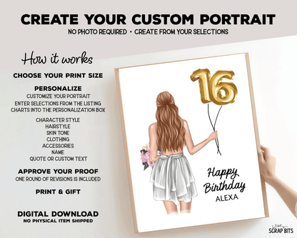 16th Birthday Portrait Print, Sweet 16 Custom Digital Drawing - Foil Balloons - Scrap Bits
