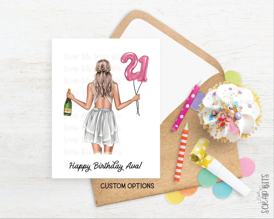21st Birthday Card, ANY Age Foil Number Balloons & Cocktail, Custom Girl Birthday Portrait Card - Scrap Bits