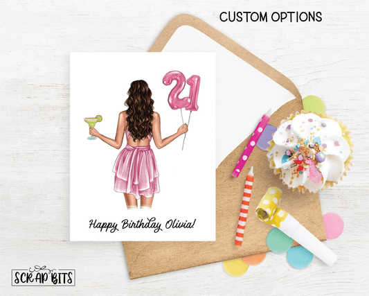 21st Birthday Card, ANY Age Foil Number Balloons & Cocktail, Custom Girl Birthday Portrait Card - Scrap Bits