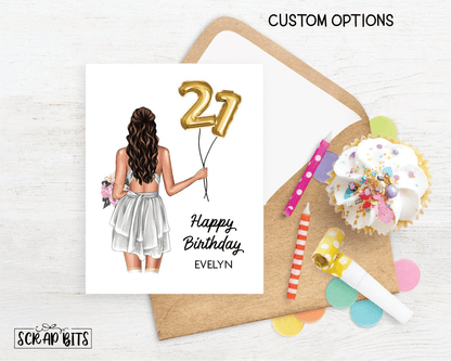 21st Birthday Card, ANY Age Foil Number Balloons, Custom Girl Birthday Portrait Card - Scrap Bits