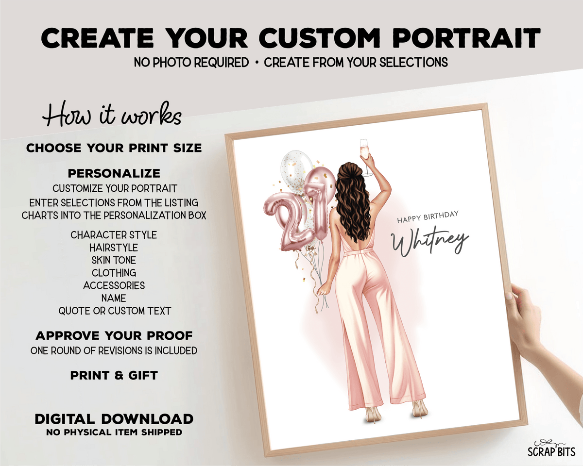 21st Birthday Portrait Print, Custom Digital Drawing - Pant Suit - Scrap Bits