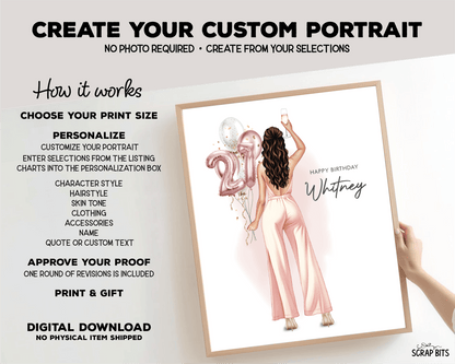 21st Birthday Portrait Print, Custom Digital Drawing - Pant Suit - Scrap Bits