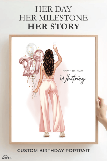 21st Birthday Portrait Print, Custom Digital Drawing - Pant Suit - Scrap Bits