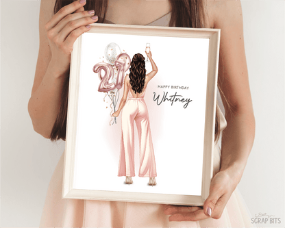 21st Birthday Portrait Print, Custom Digital Drawing - Pant Suit - Scrap Bits