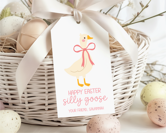 Silly Goose Pink Bow, Personalized Easter Gift Tags