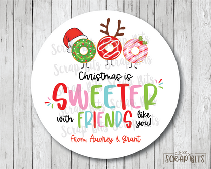 Christmas Donut Gift Stickers, Christmas Is Sweeter With Friends Like You, Personalized Christmas Gift Labels