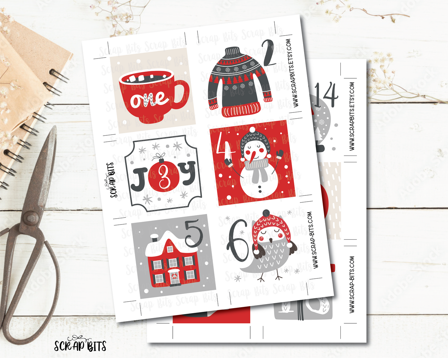 Christmas Advent Calendar Tags, Christmas Countdown Tags, Printable Advent Tags, Red Snowy Christmas Tags . INSTANT Download