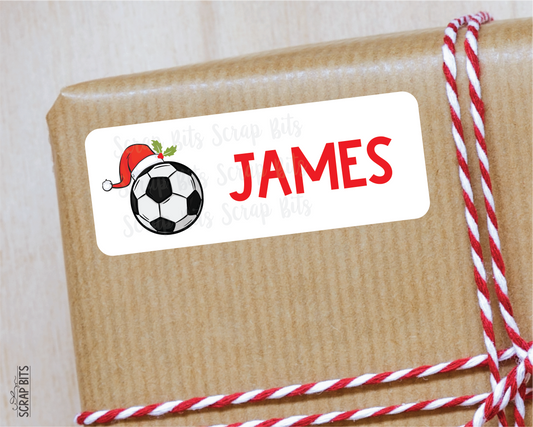 Christmas Soccer Name Labels, Santa Hat, Personalized Gift Stickers