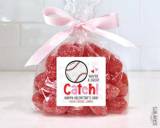 Baseball Valentines, You're A Great Catch Valentine Treat Bag Stickers