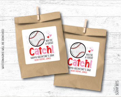 Baseball Valentines, You're A Great Catch Valentine Treat Bag Stickers
