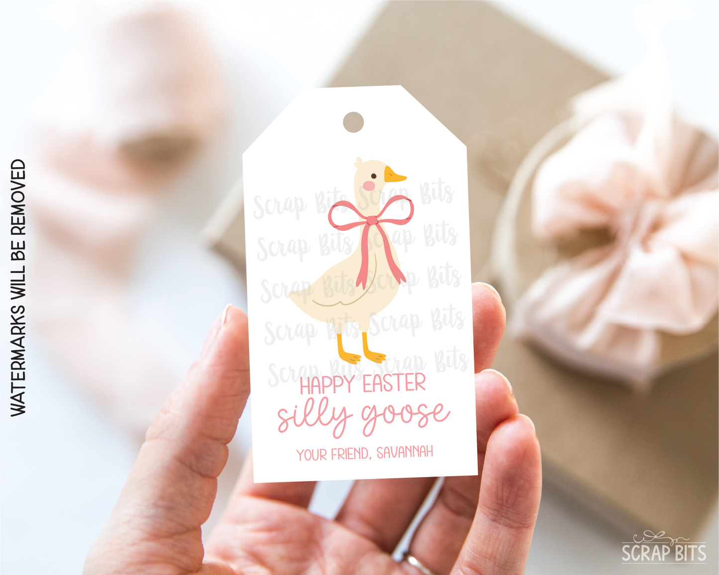 Silly Goose Pink Bow, Personalized Easter Gift Tags