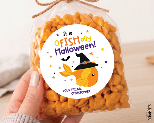 O-Fish-Ally Halloween Gift Stickers or Tags, Goldfish Treat Bag Labels