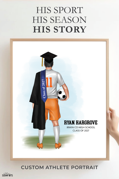 Soccer (Male) Graduation Portrait Print, Custom Digital Drawing