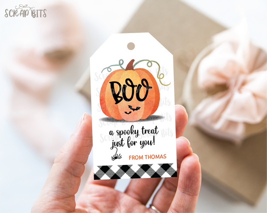 Watercolor Pumpkin Buffalo Plaid Boo Tags, Personalized Halloween Gift Tags