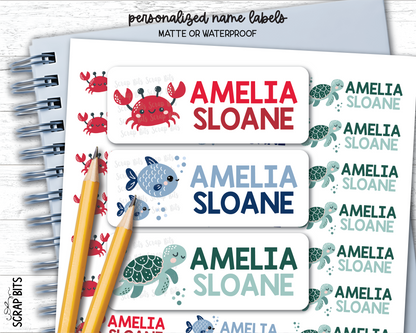 Sea Animals Name Labels, Crab, Turtle, Fish . Personalized Belonging Labels