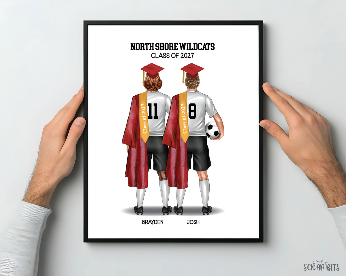 Soccer Friends (Male) Graduation Portrait Print, Custom Digital Drawing