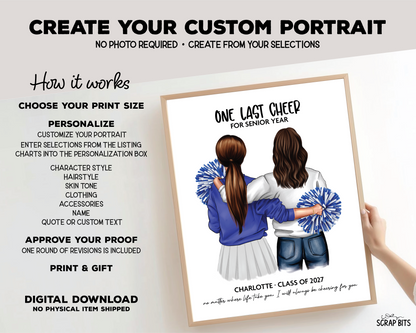 Senior Cheerleader Gift From Mom, One Last Cheer Portrait Print, Custom Digital Drawing
