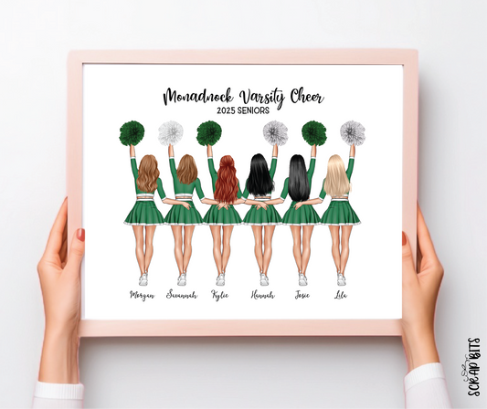 Cheer Team Portrait Print, Custom Digital Drawing - High Poms