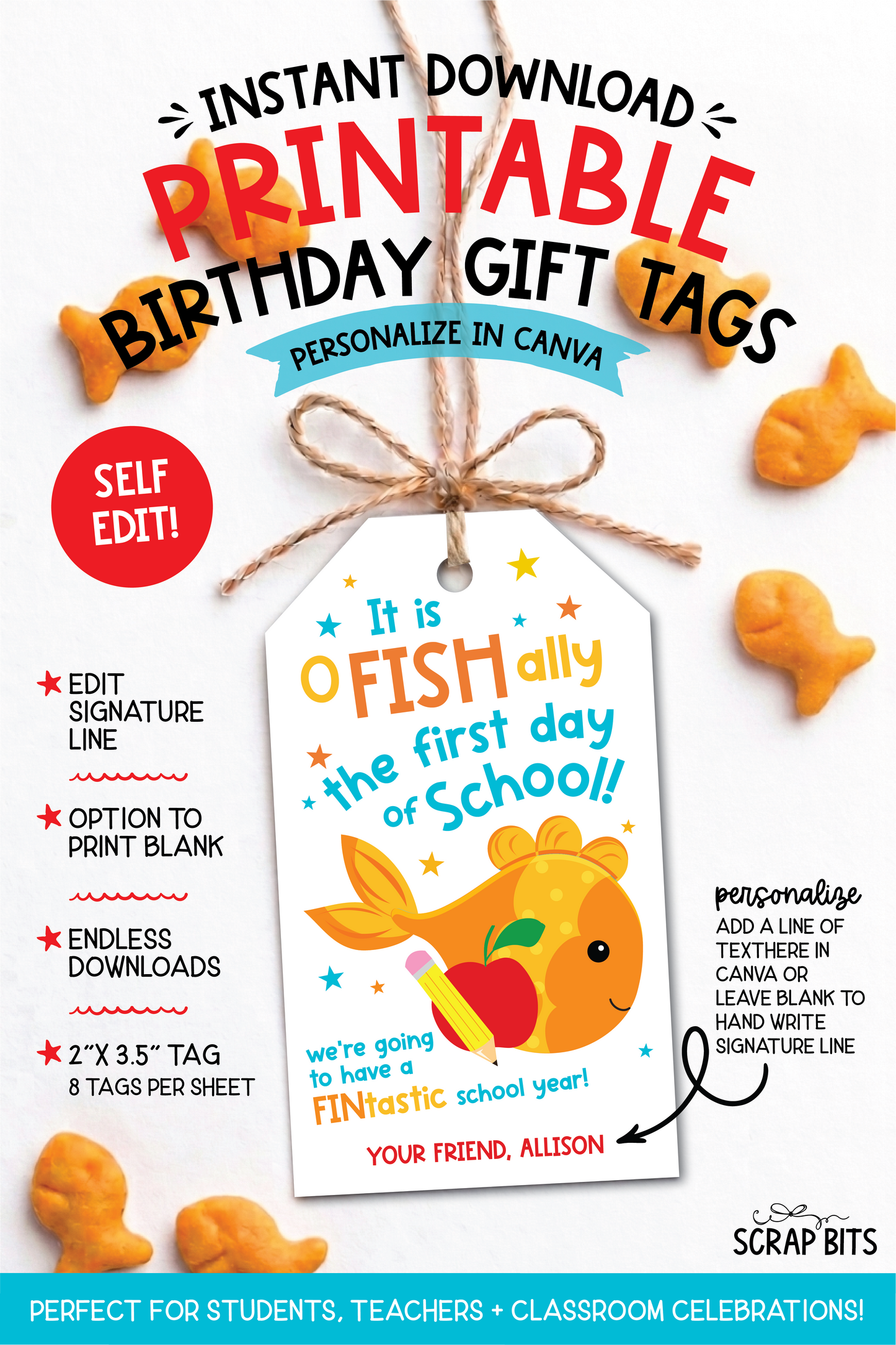 Goldfish Printable Back To School Gift Tags . Self Edit Instant Download