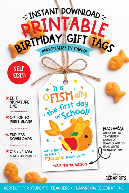Goldfish Printable Back To School Gift Tags . Self Edit Instant Download
